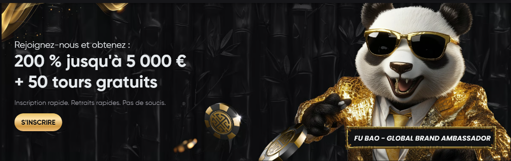 Golden Panda Casino — Rejoignez-nous et obtenez 200% jusqu'à 5 000€ + 50 tours gratuits. Fu Bao Global Brand Ambassador